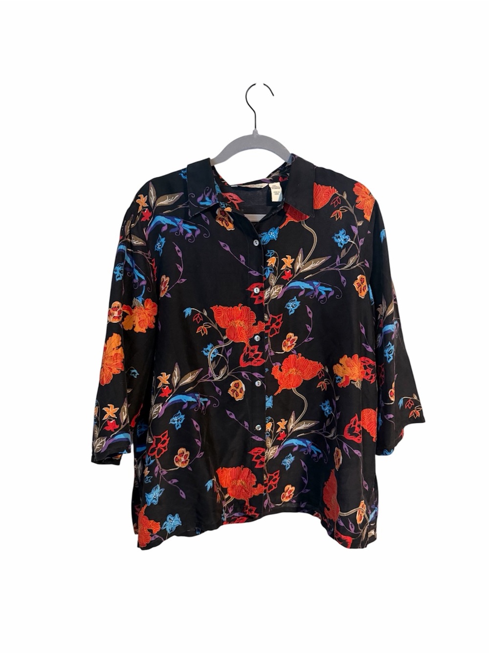 French Laundry Silk Floral Beaded Blouse Tunic Top Button Down